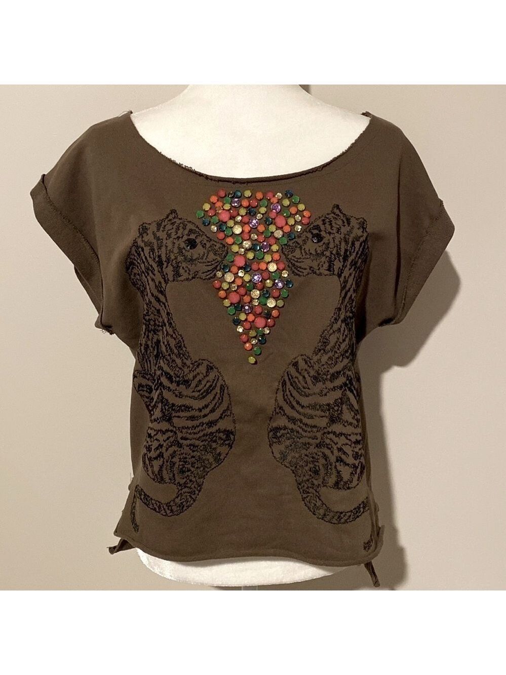 NWOT Love richie olive brown boxy jeweled sweatshirt top